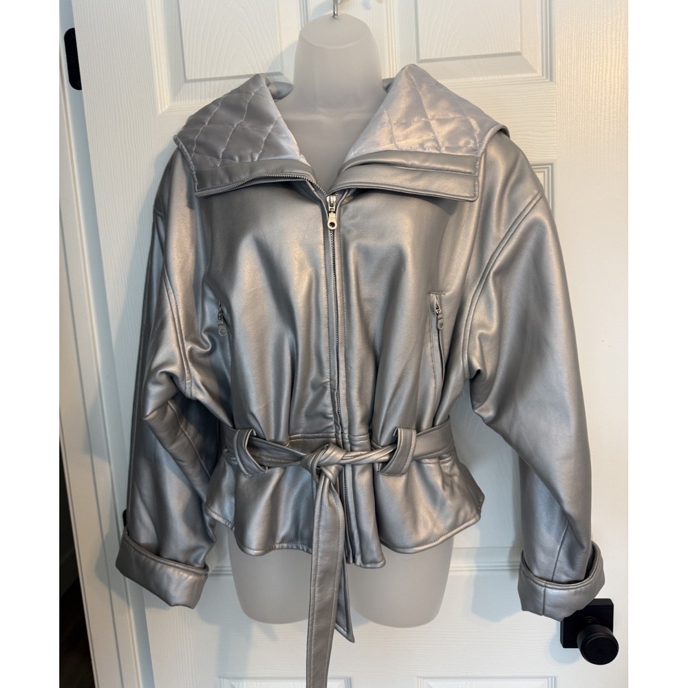 Vintage Y2K BB Dakota Womens Silver Faux Leather Belted Hooded Moto Jacket Sz L